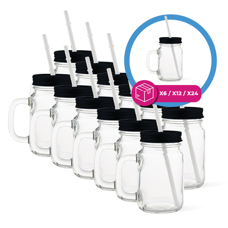 Jarra de vidrio transparente con sorbete 17 oz. Tapa blanca, negra o plateada