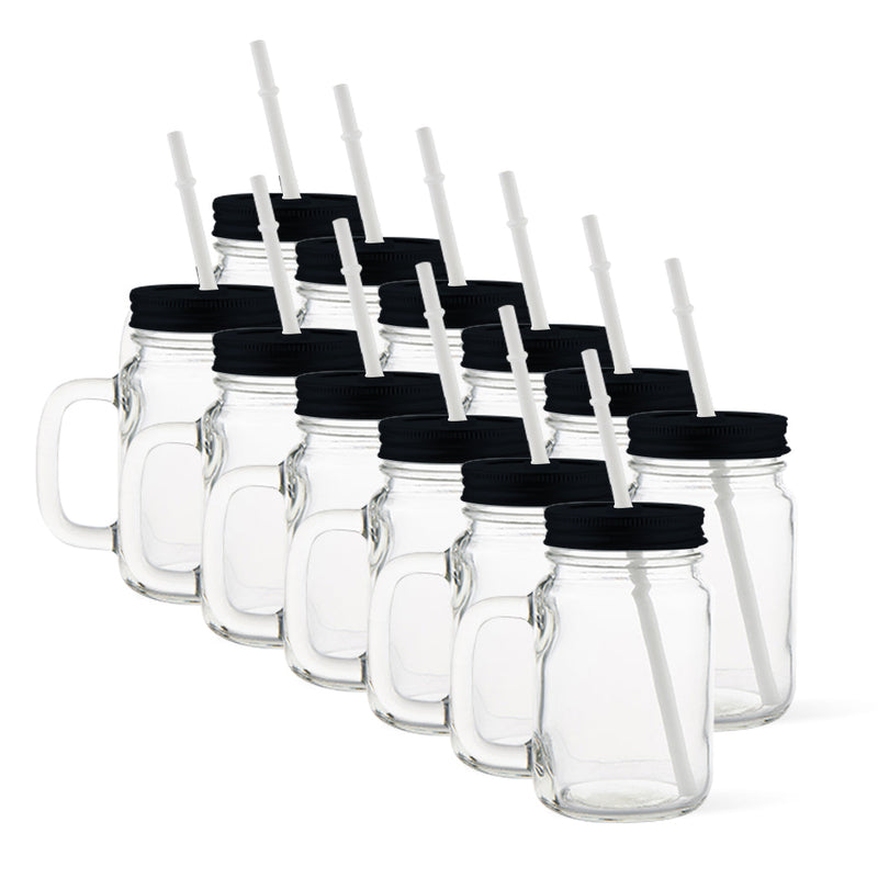 Jarra de vidrio transparente con sorbete 17 oz. Tapa blanca, negra o plateada