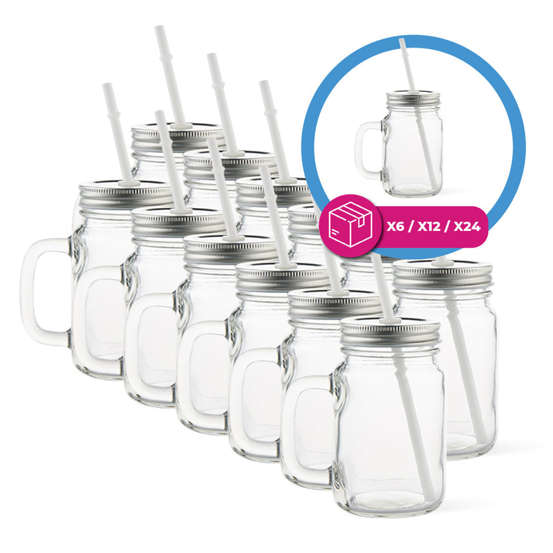 Jarra de vidrio transparente con sorbete 17 oz. Tapa blanca, negra o plateada