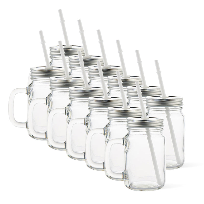 Jarra de vidrio transparente con sorbete 17 oz. Tapa blanca, negra o plateada
