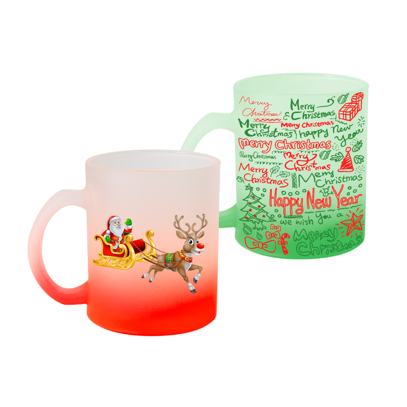 Taza navideña en cristal esmerilada verde y roja  11 Oz.